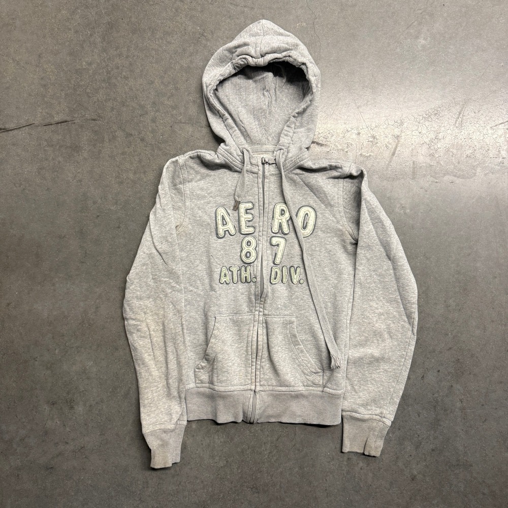 Aeropostale Womens Gray Full Zip Hoodie Aero 87 Ath Div Graphic Sweatshirt Small